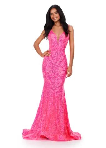 ASHLEYlauren 11466 Spaghetti Strap V-Neck Stretch Sequin Gown with Low Back