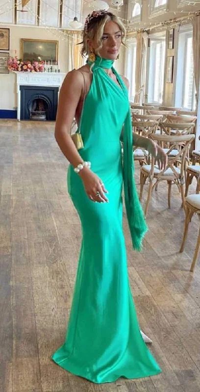 Green Halter Backless Long Party Dress with Slit,DP1876